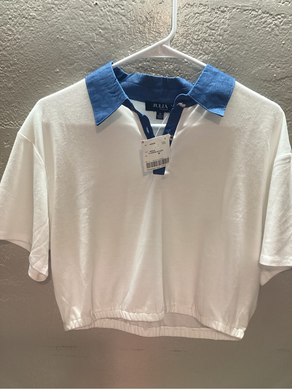 love J White Cropped Polo with Blue Contrast Collar